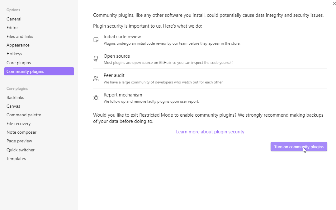 Obsidian Turn on community plugins